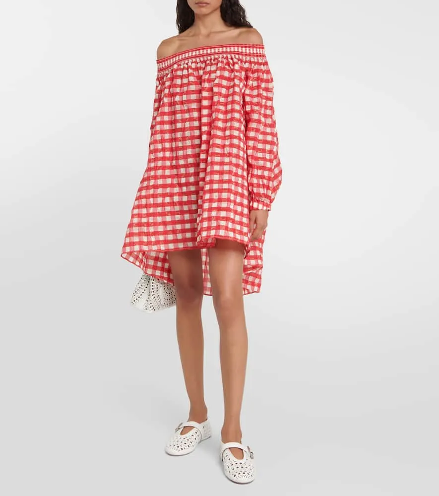 Alaia Gingham off-shoulder minidress