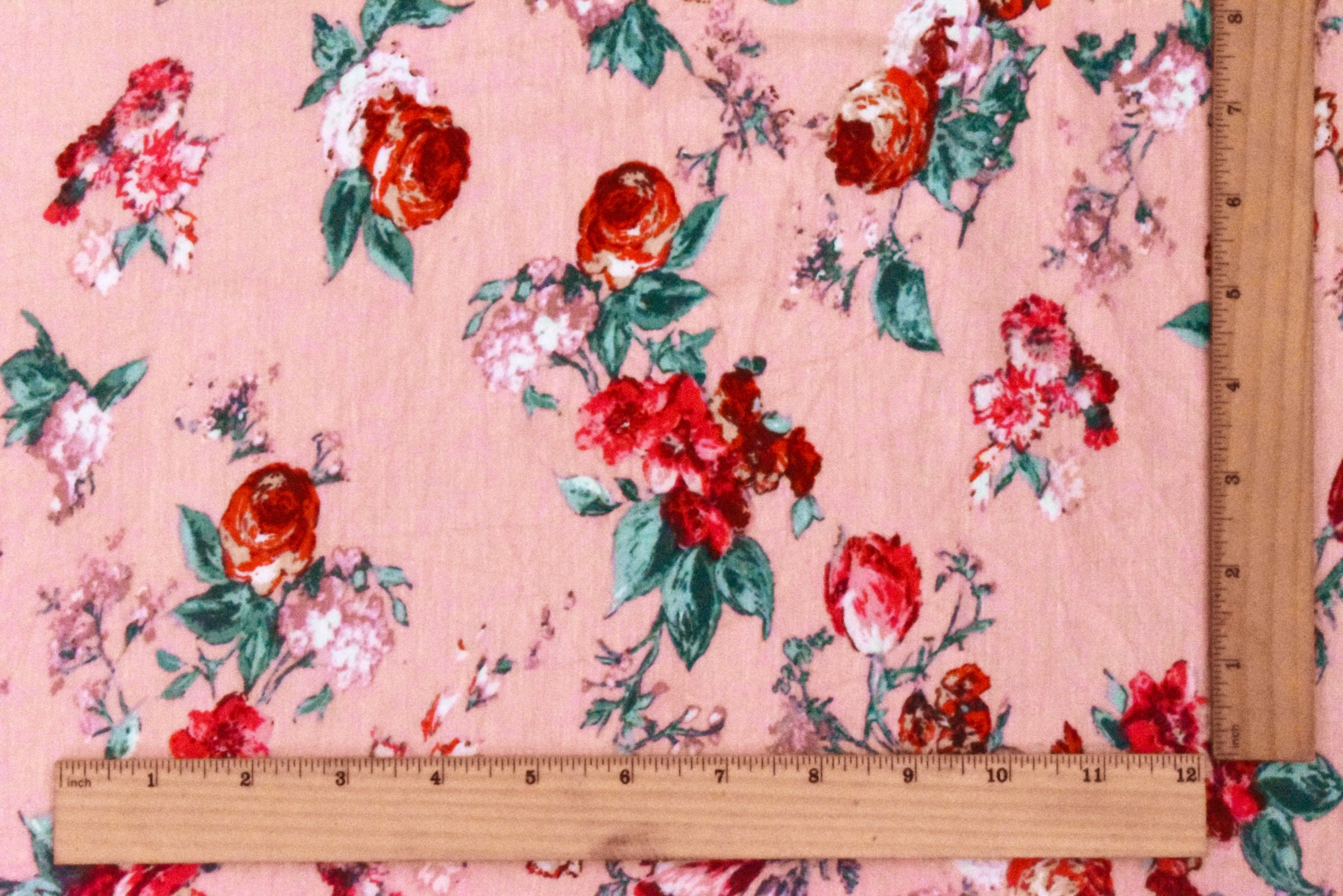 Almond Pink-Maroon-Multi Floral Printed Rayon Stretch Jersey Knit Fabric