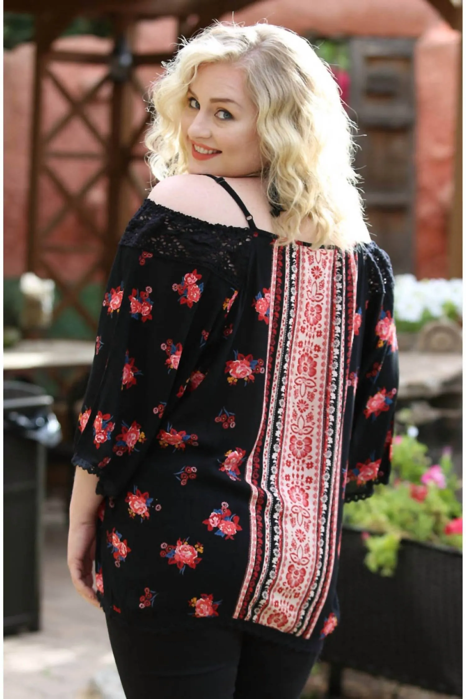 Angie - Floral Twin Print Cold Shoulder Top - PLUS