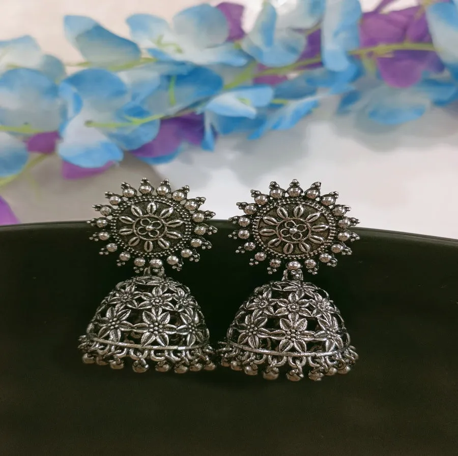 Antique Silver Plated Floral Jhumka Earring