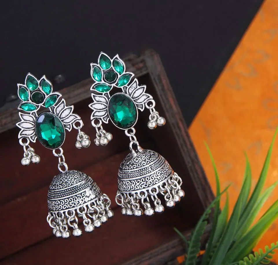 Antique Silver Plated Lotus Designed Jhumka Dangle Earring