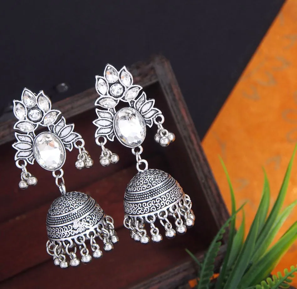 Antique Silver Plated Lotus Designed Jhumka Dangle Earring