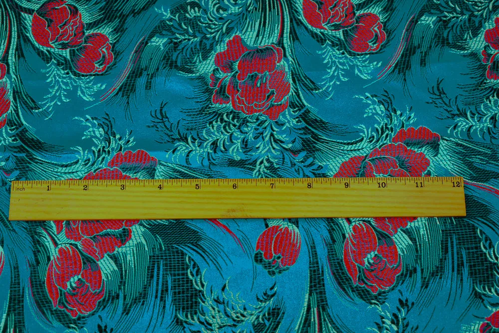 Blue-Red-Multi Polyester Floral Chinese Brocade Woven Fabric