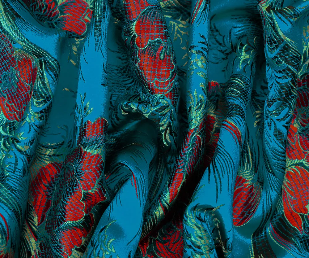 Blue-Red-Multi Polyester Floral Chinese Brocade Woven Fabric