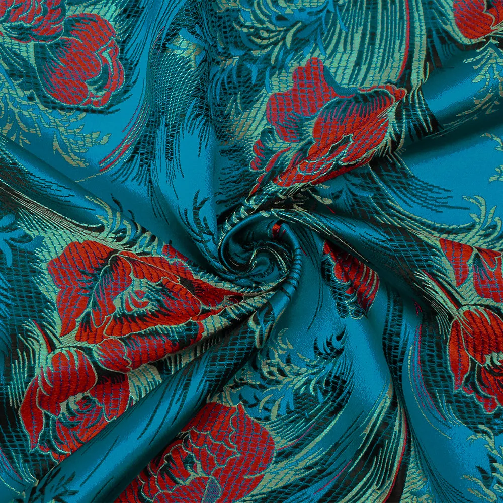 Blue-Red-Multi Polyester Floral Chinese Brocade Woven Fabric