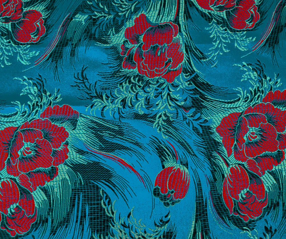 Blue-Red-Multi Polyester Floral Chinese Brocade Woven Fabric
