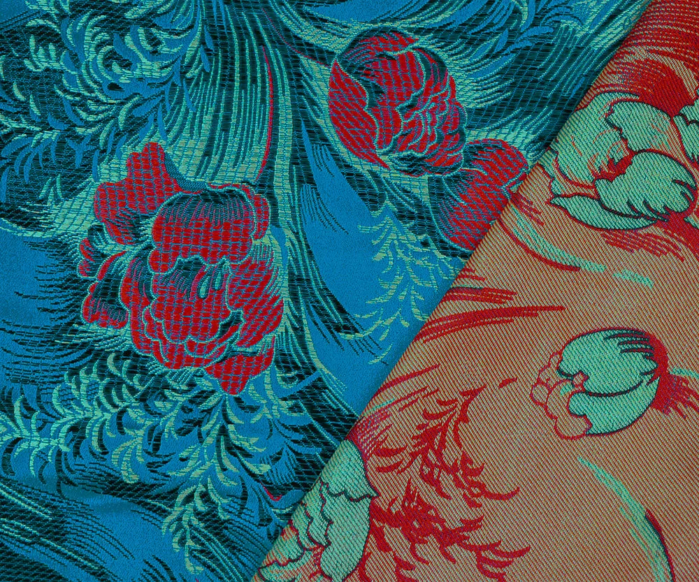Blue-Red-Multi Polyester Floral Chinese Brocade Woven Fabric