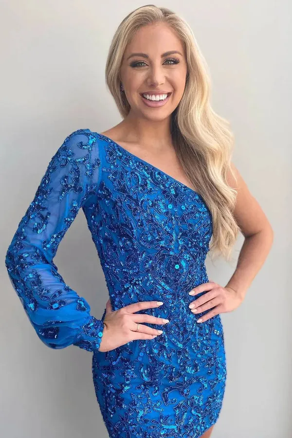 Bodycon One Shoulder Blue Long Sleeve Sequins Short Homecoming Dresses Sparkly Party Dress
