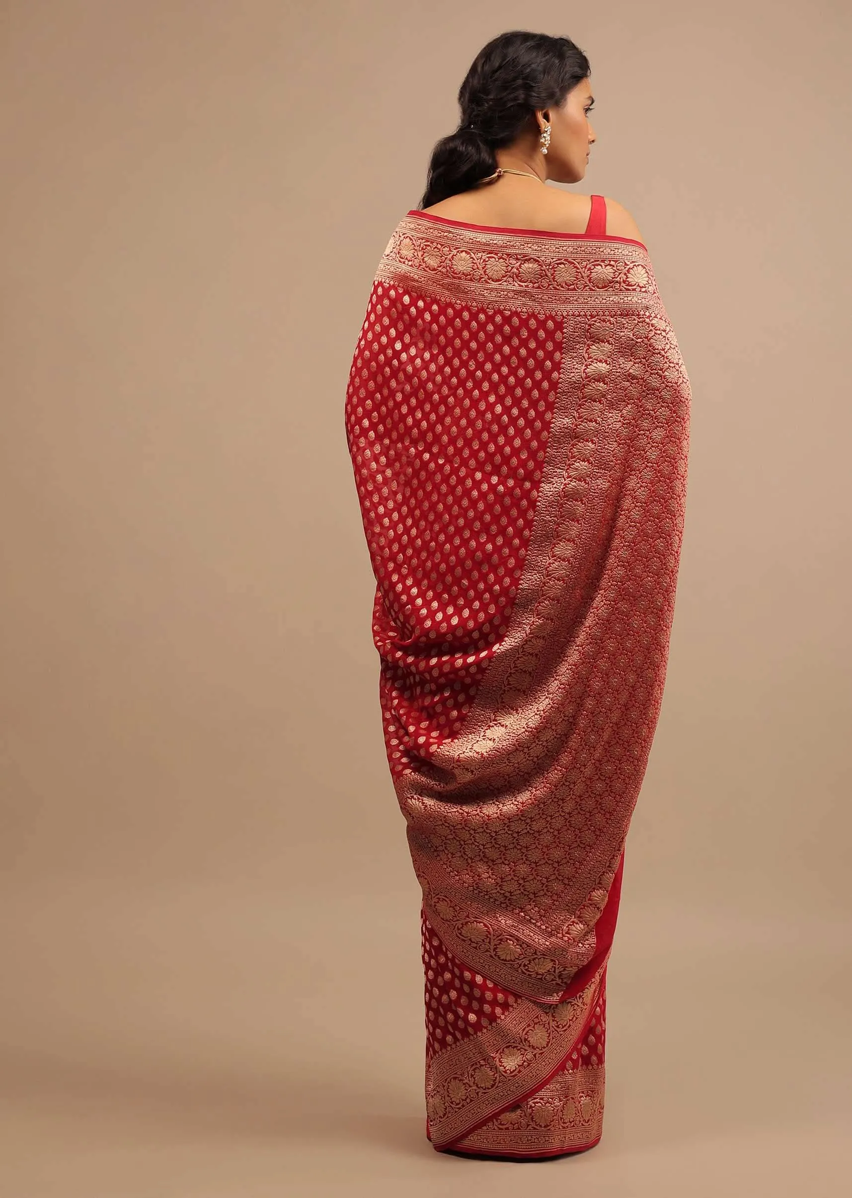 Cherry Red Traditional Style Saree In Georgette With Woven Jaal Work