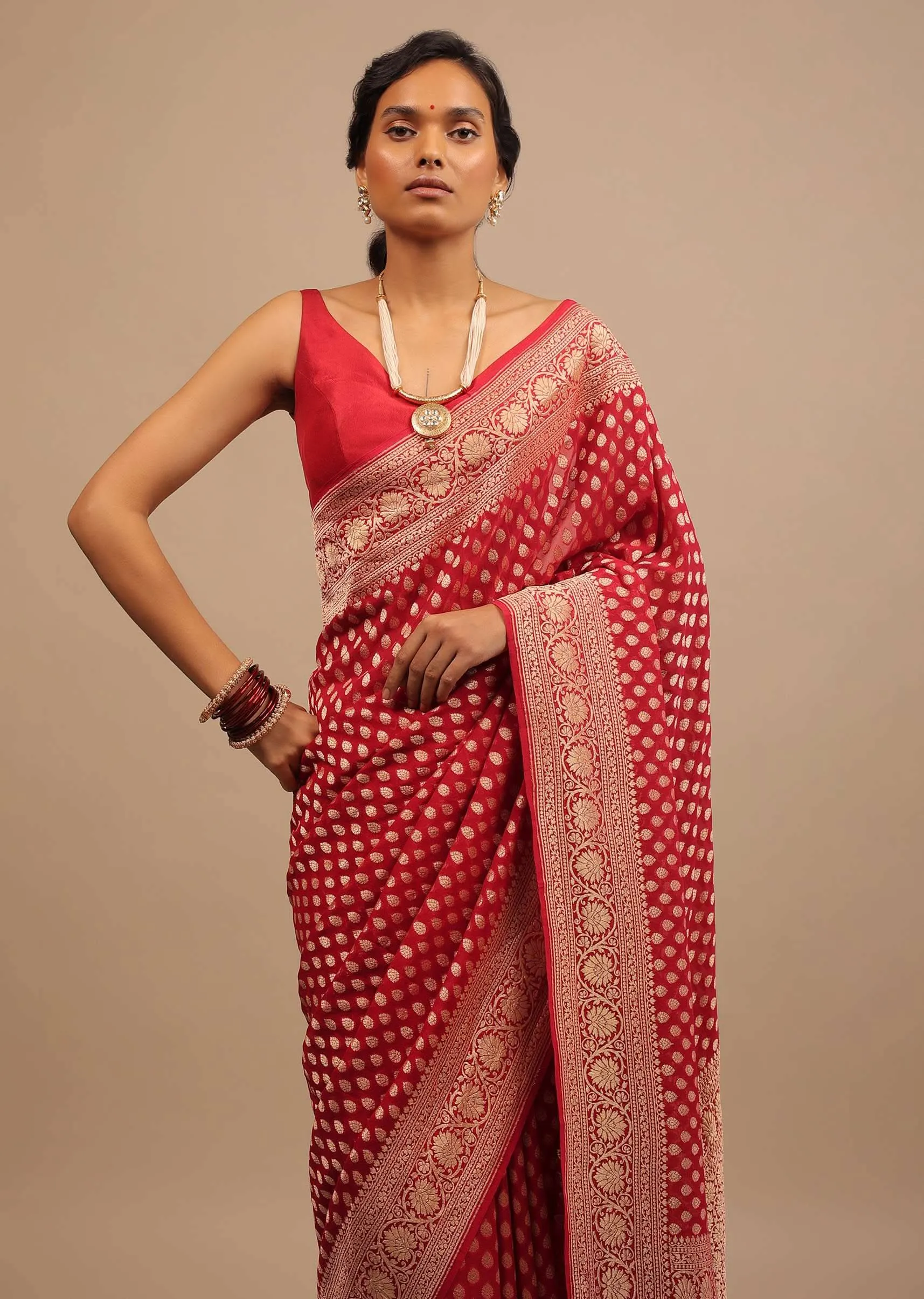Cherry Red Traditional Style Saree In Georgette With Woven Jaal Work