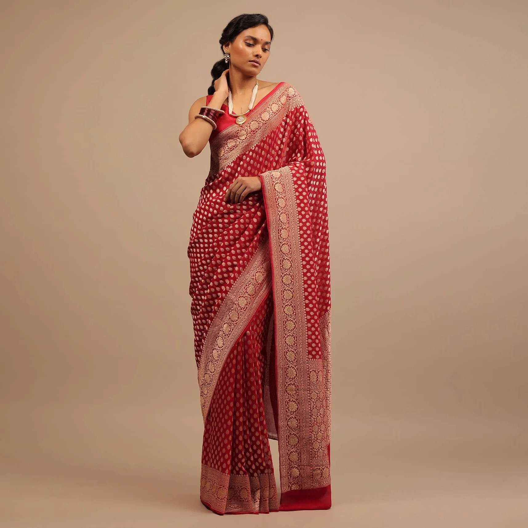 Cherry Red Traditional Style Saree In Georgette With Woven Jaal Work