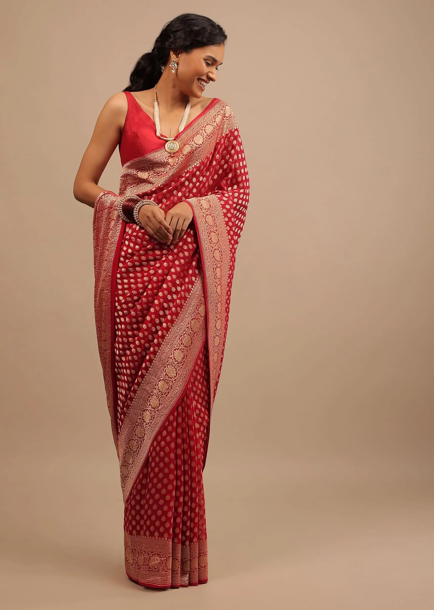 Cherry Red Traditional Style Saree In Georgette With Woven Jaal Work