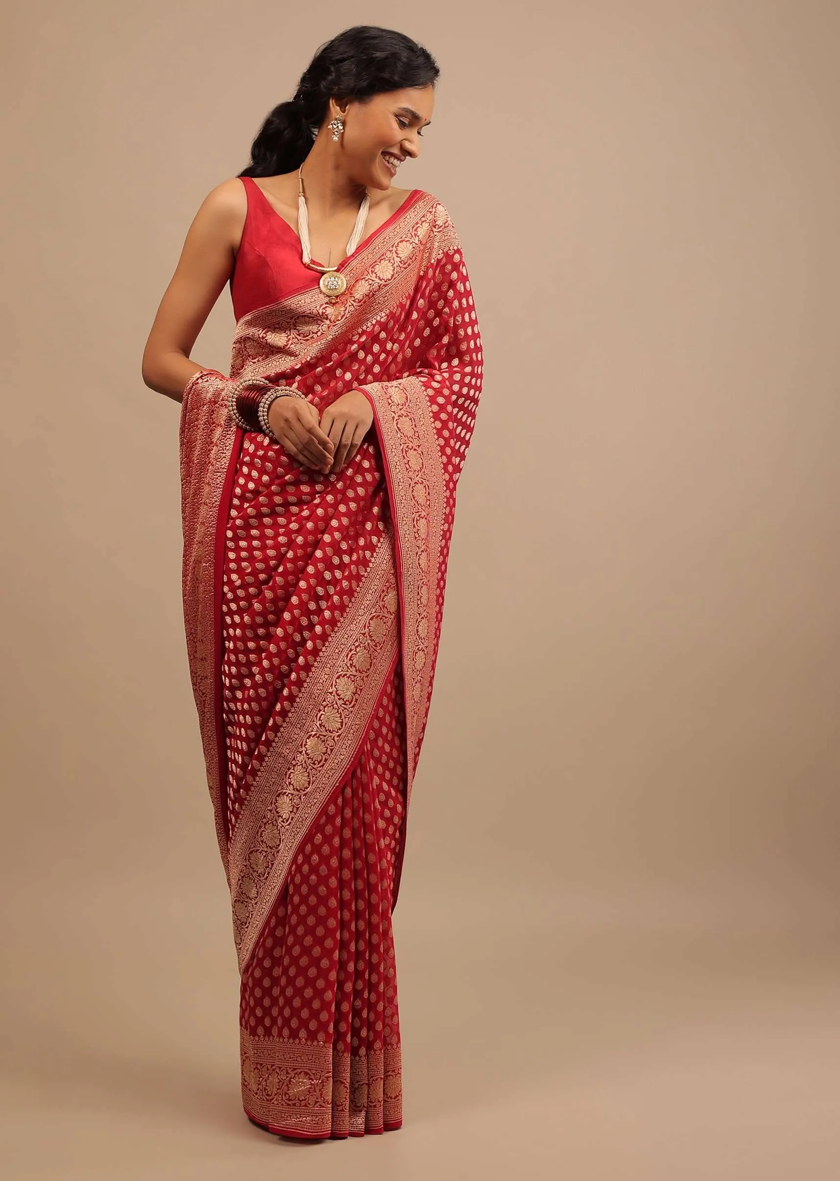 Cherry Red Traditional Style Saree In Georgette With Woven Jaal Work