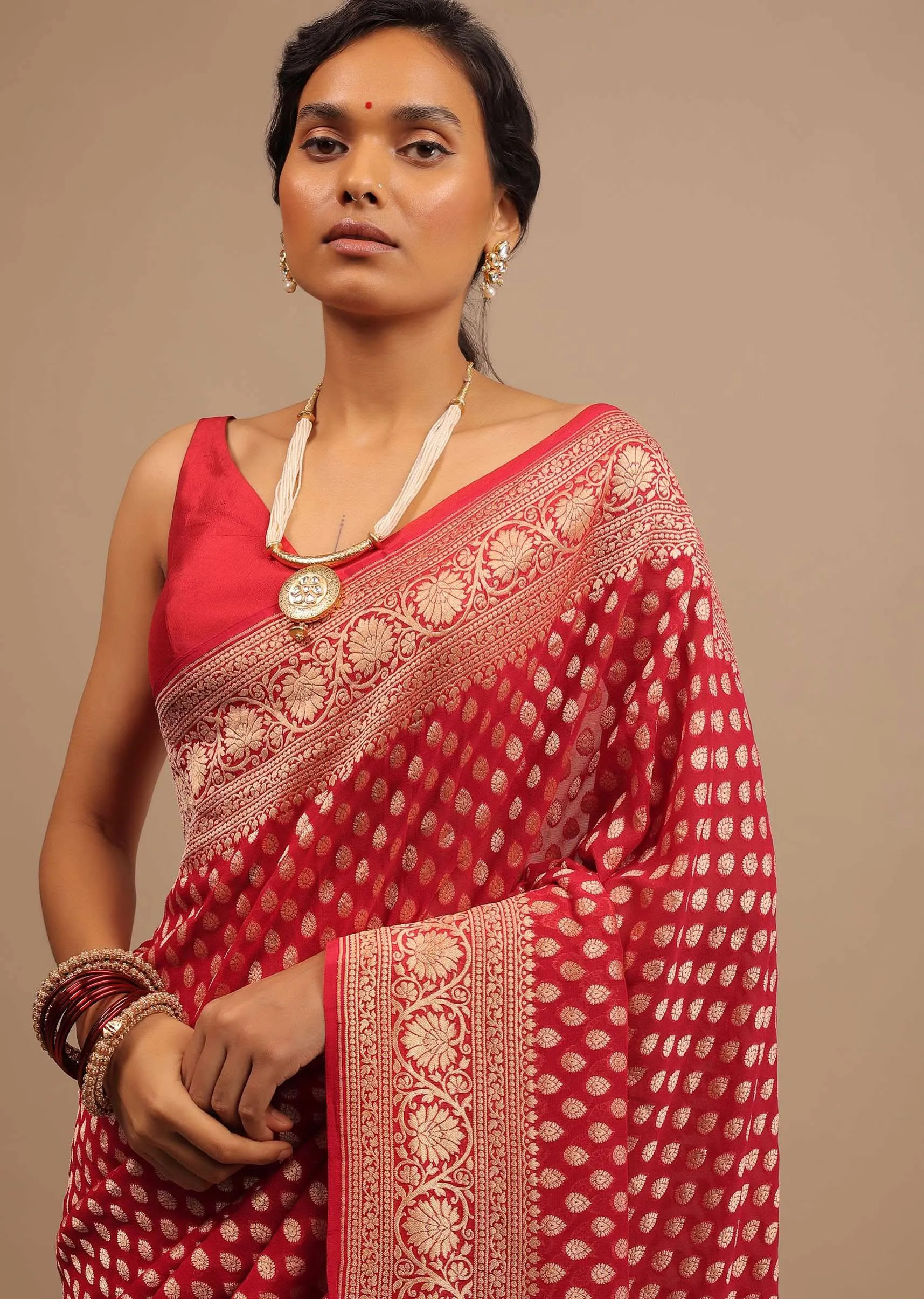 Cherry Red Traditional Style Saree In Georgette With Woven Jaal Work