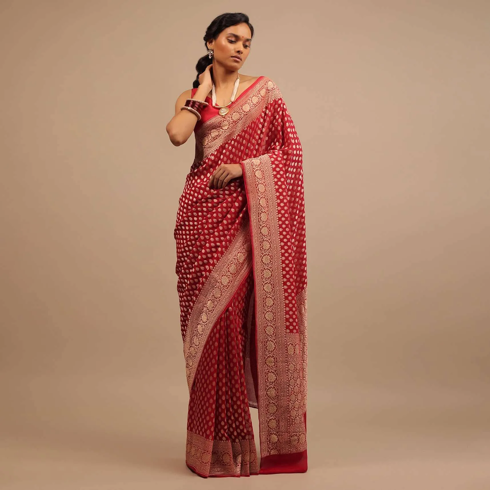 Cherry Red Traditional Style Saree In Georgette With Woven Jaal Work