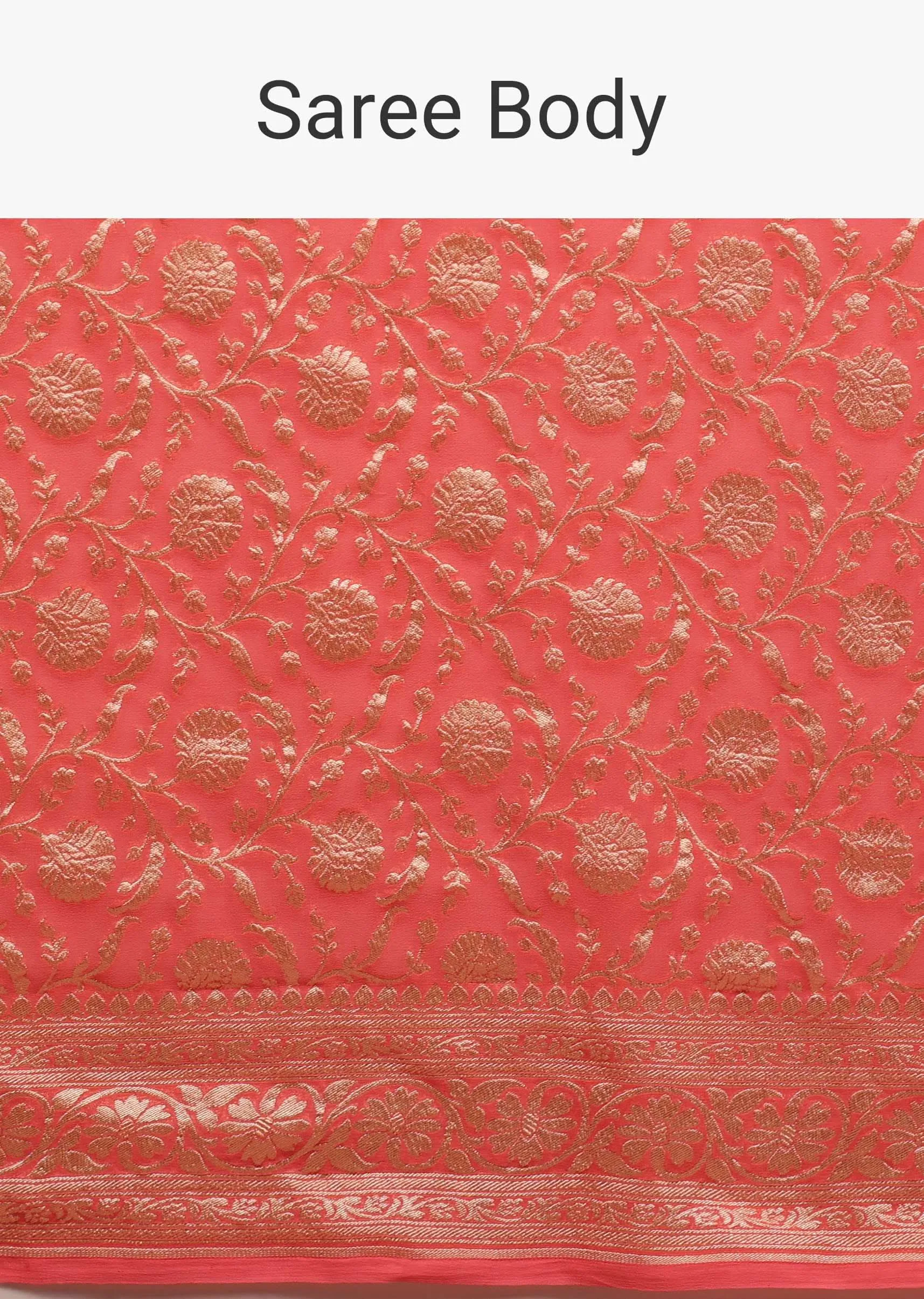 Coral Pink Saree In A Traditional Silhouette In Georgette With Floral Jaal Work