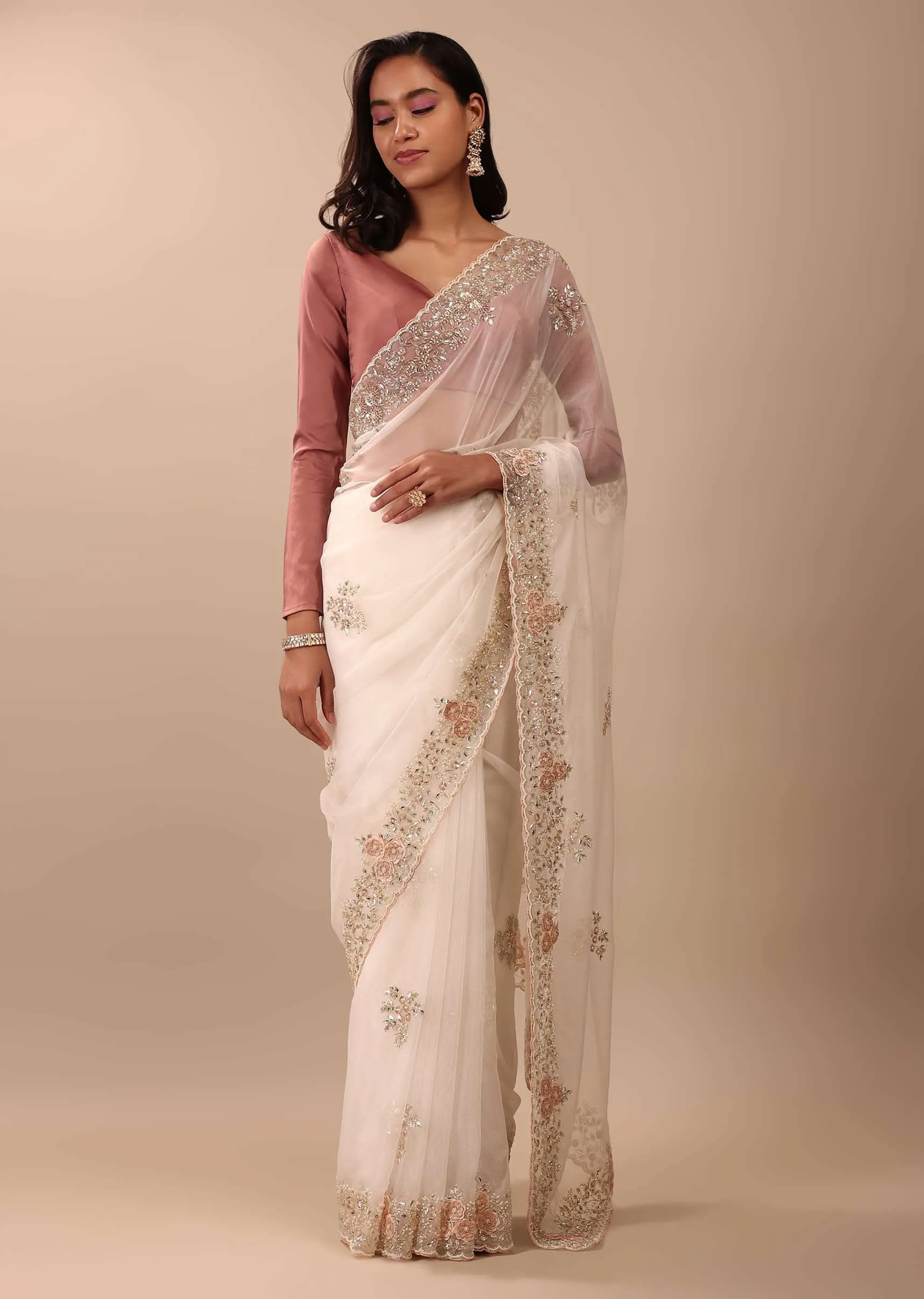 Daisy White Saree In Organza With 3D Floral Embroidery