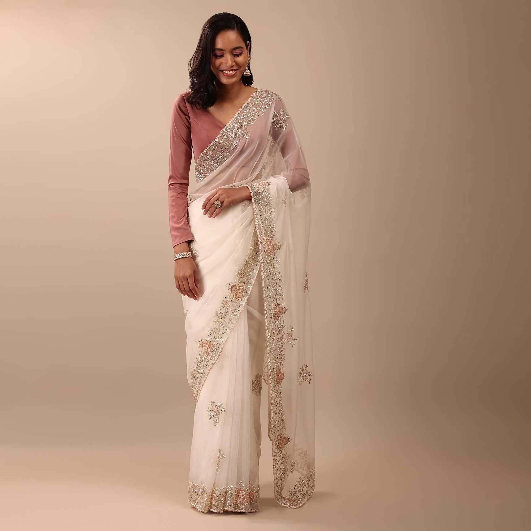 Daisy White Saree In Organza With 3D Floral Embroidery