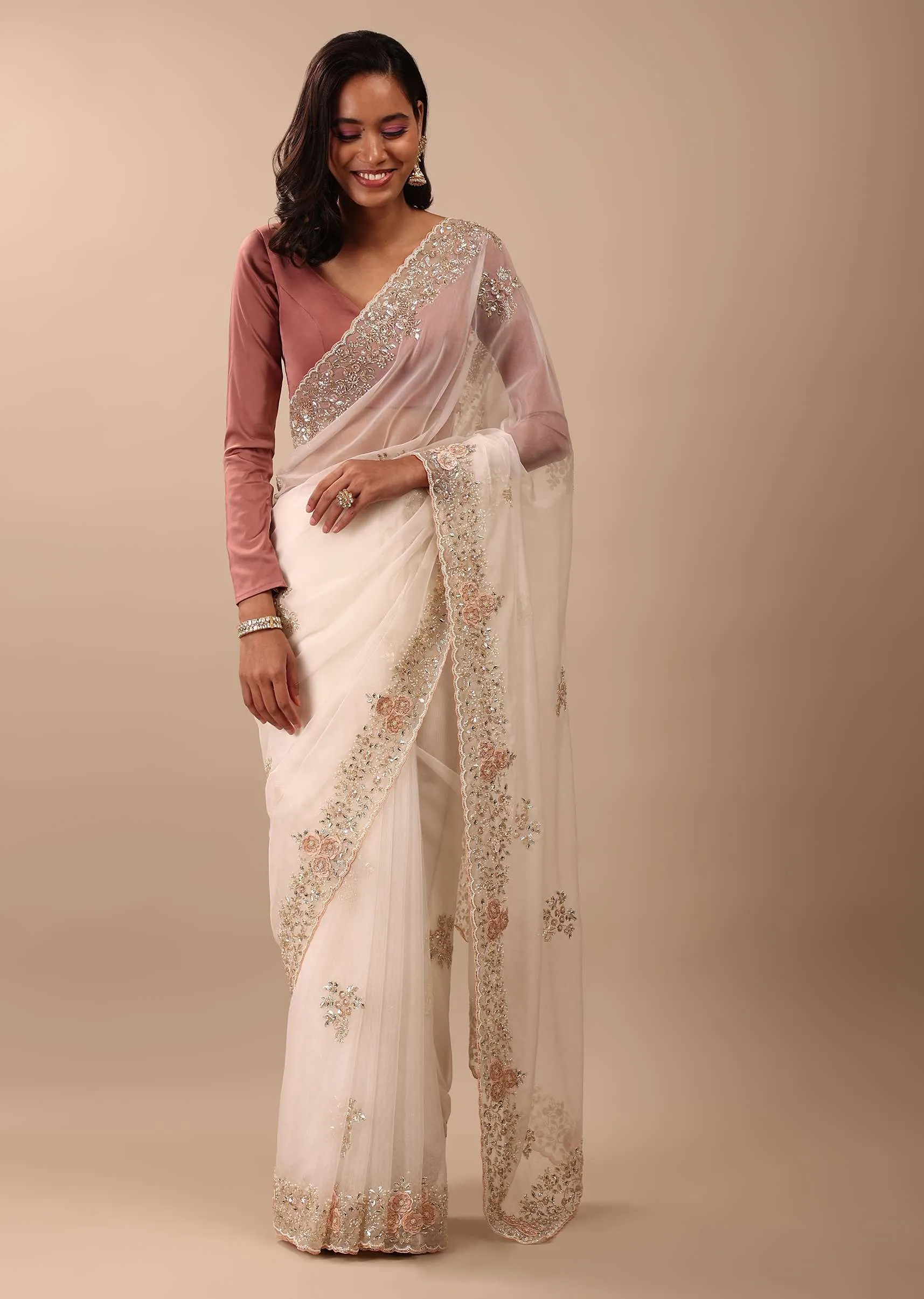 Daisy White Saree In Organza With 3D Floral Embroidery