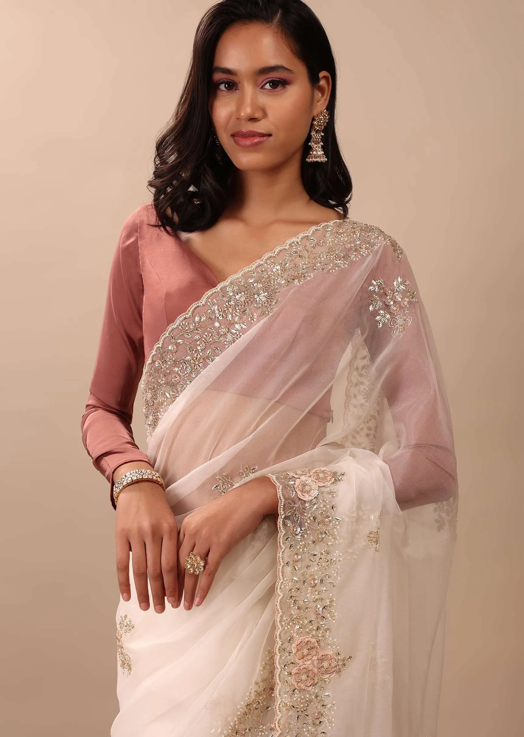 Daisy White Saree In Organza With 3D Floral Embroidery