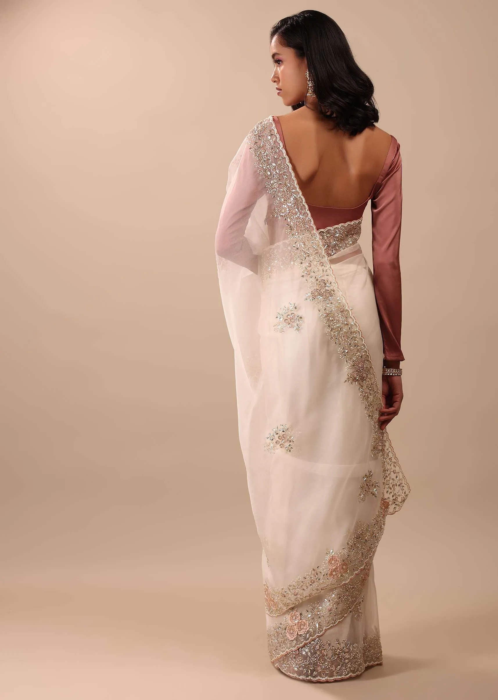 Daisy White Saree In Organza With 3D Floral Embroidery