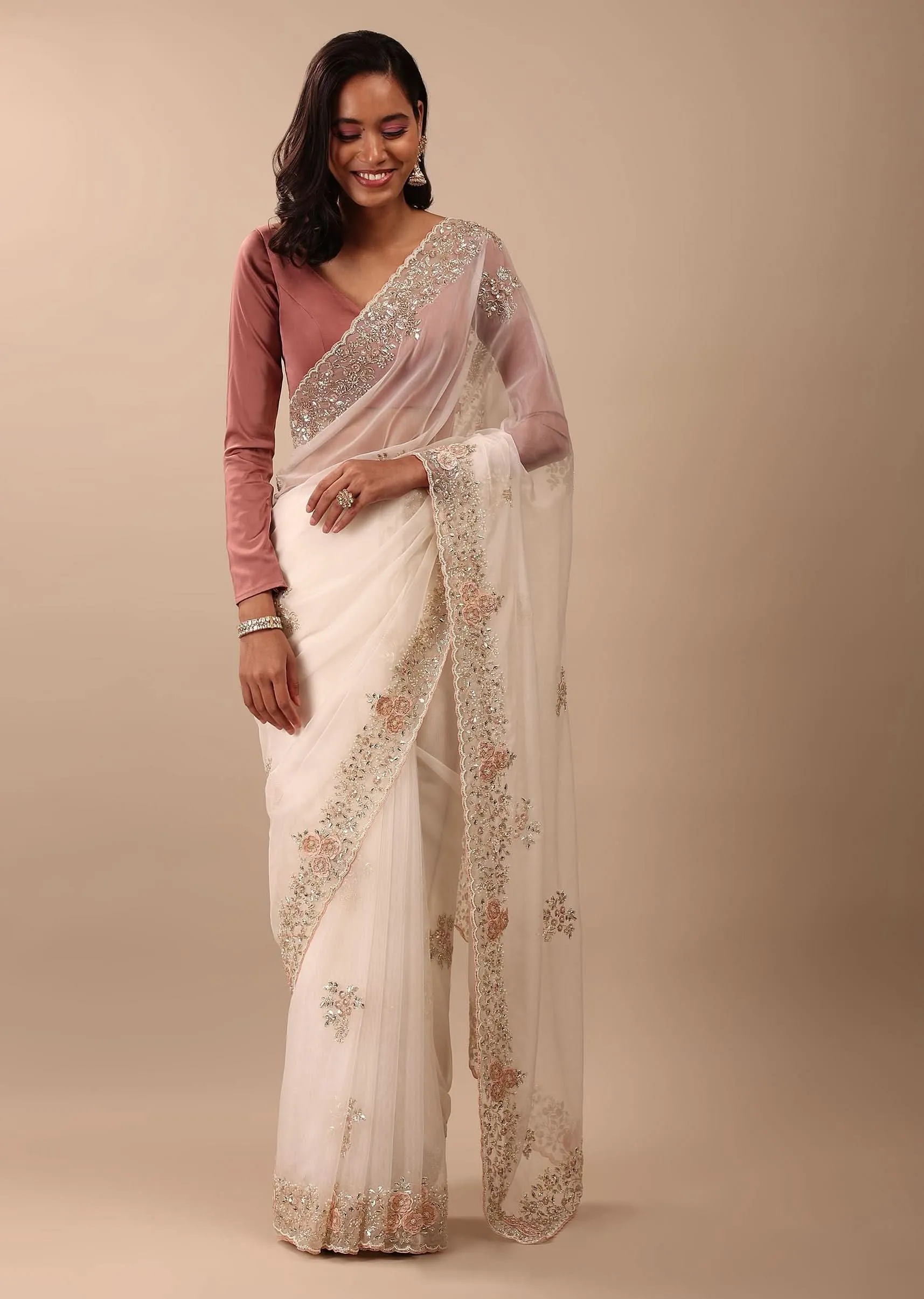 Daisy White Saree In Organza With 3D Floral Embroidery