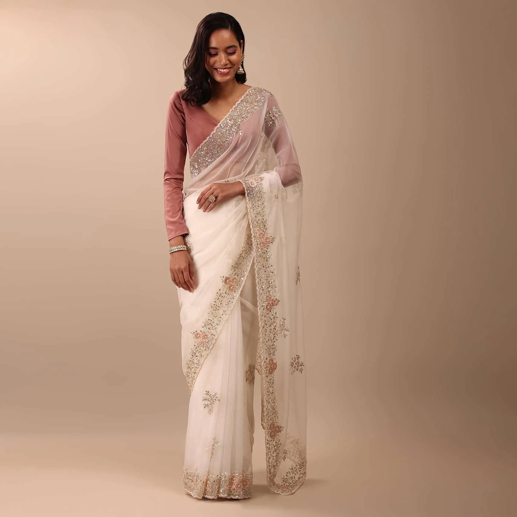 Daisy White Saree In Organza With 3D Floral Embroidery