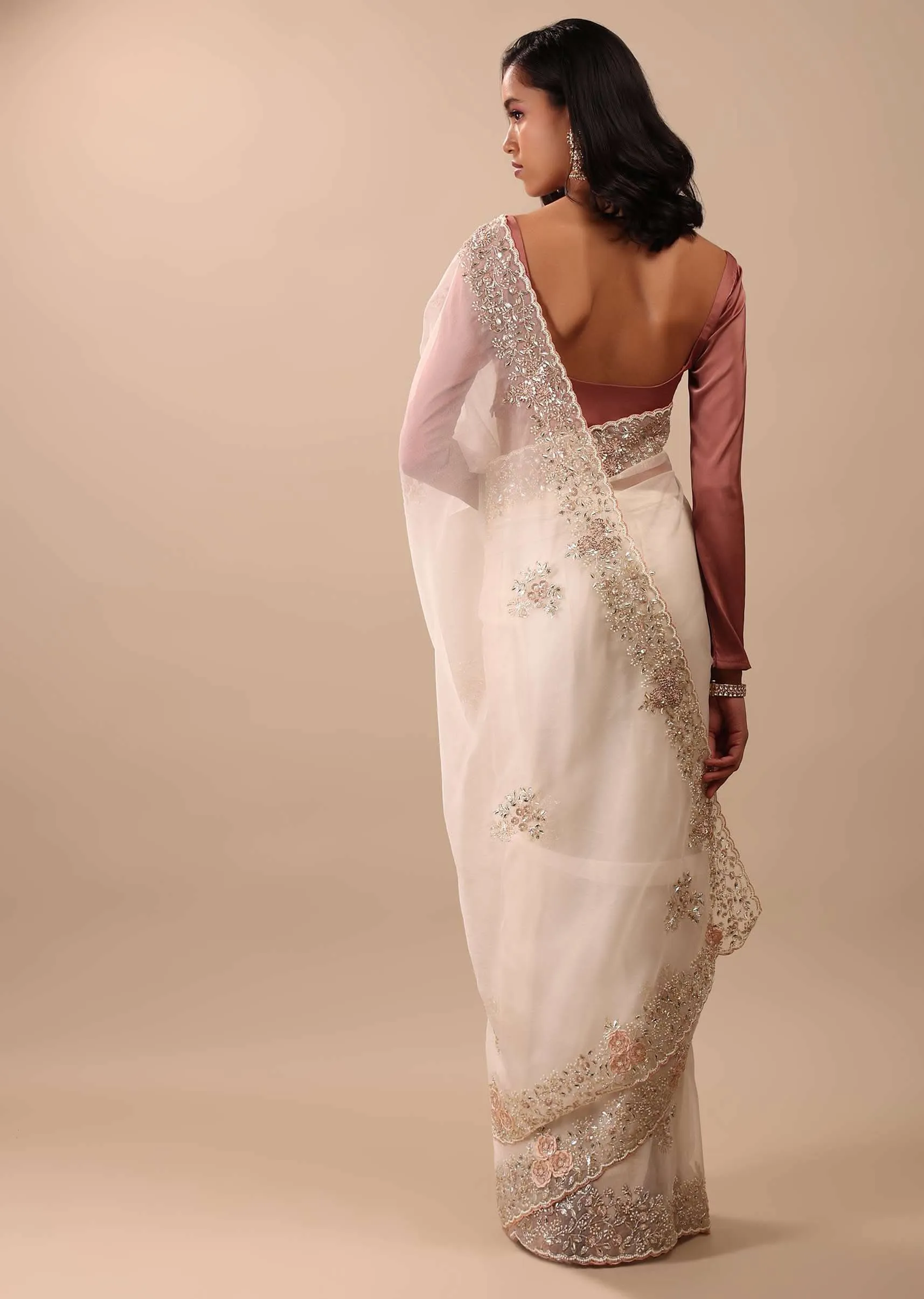 Daisy White Saree In Organza With 3D Floral Embroidery