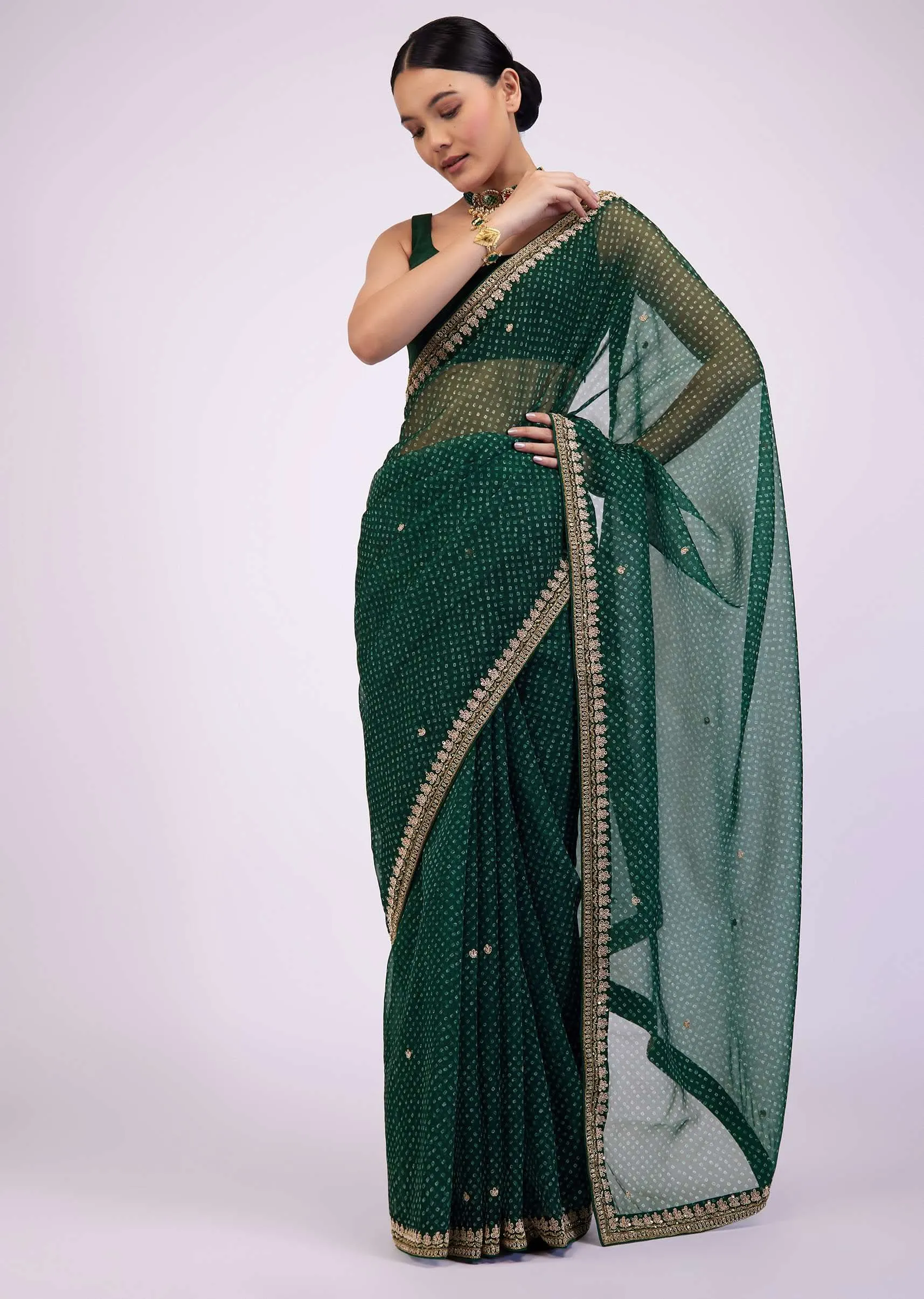Deep Green Saree In Organza With Bandhani Print And Embroidery