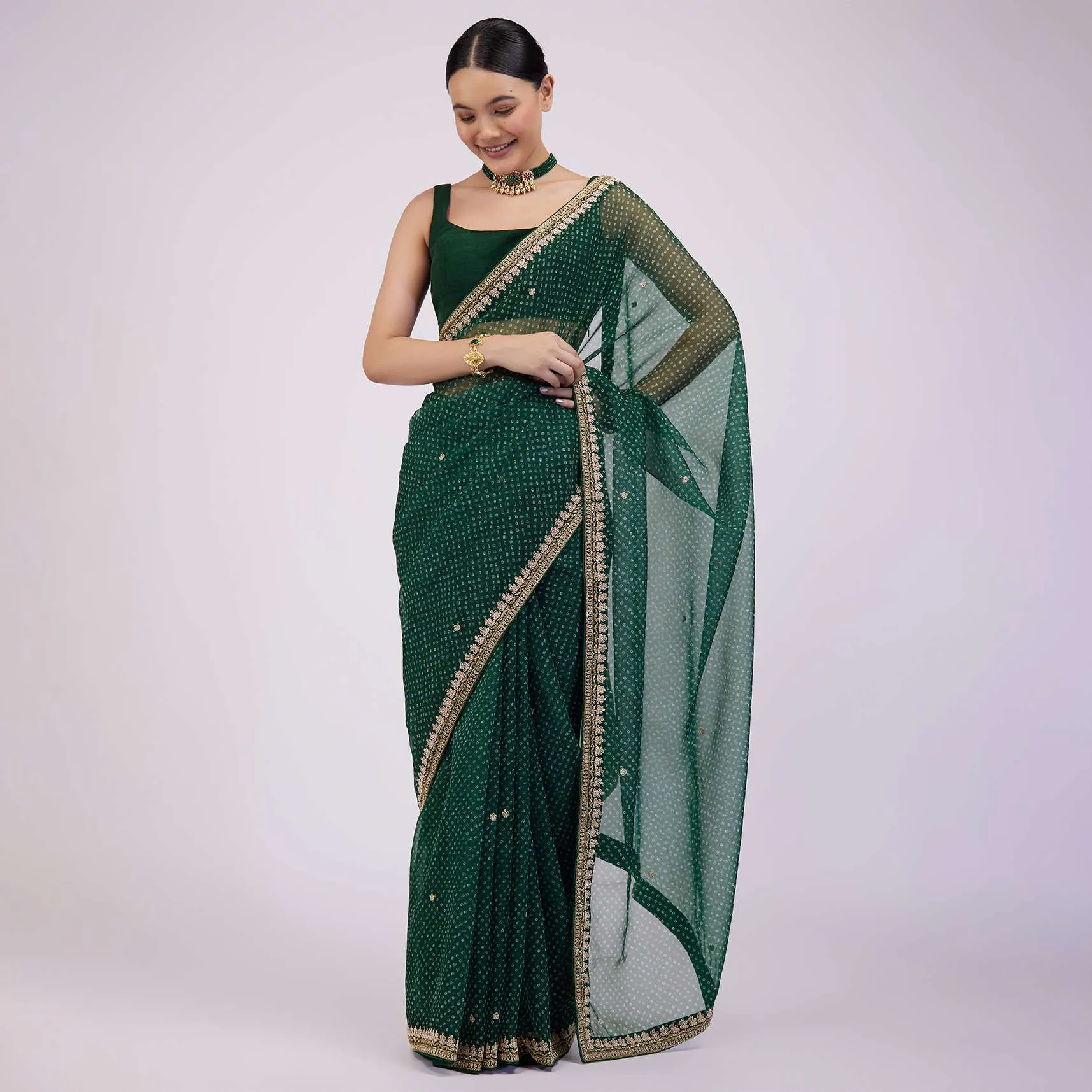 Deep Green Saree In Organza With Bandhani Print And Embroidery
