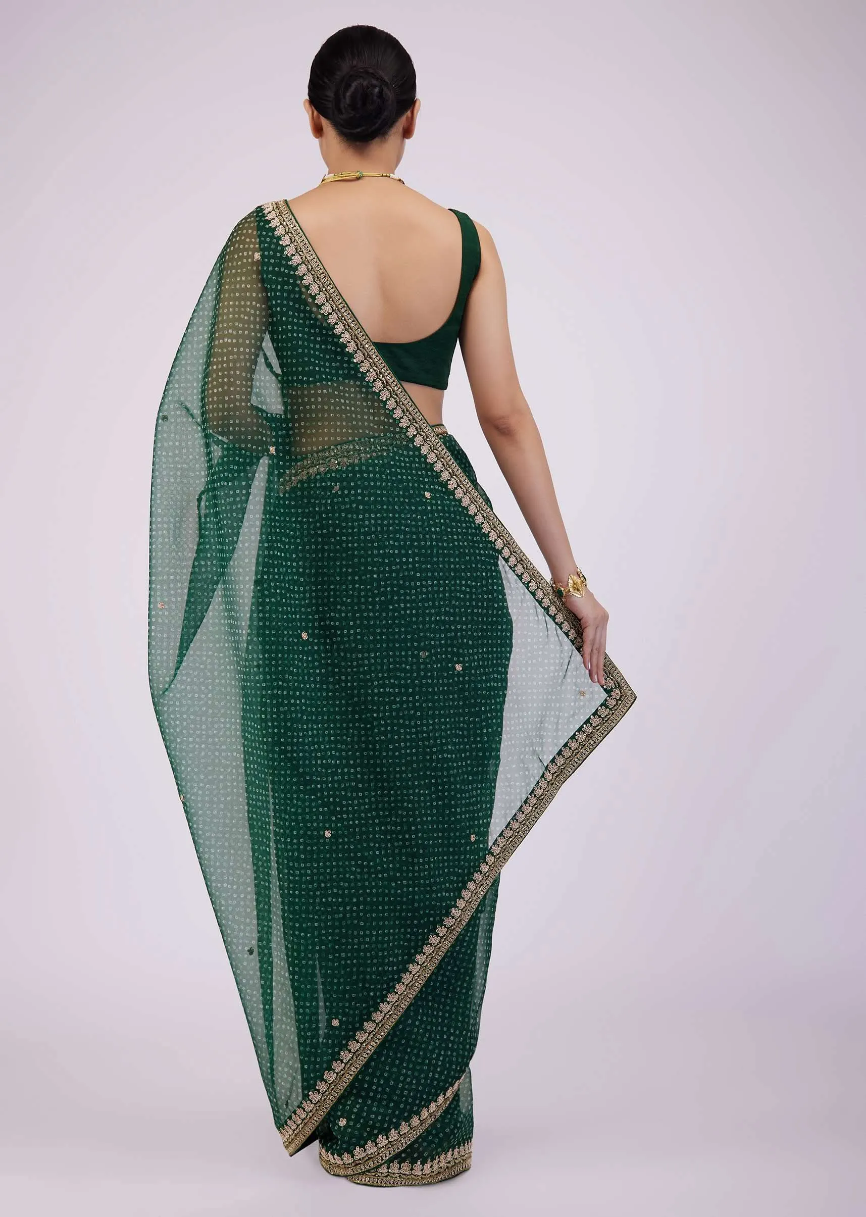 Deep Green Saree In Organza With Bandhani Print And Embroidery