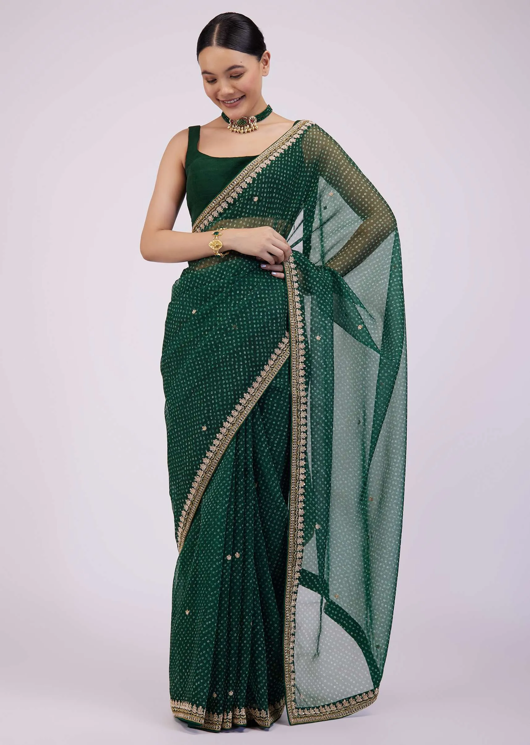 Deep Green Saree In Organza With Bandhani Print And Embroidery