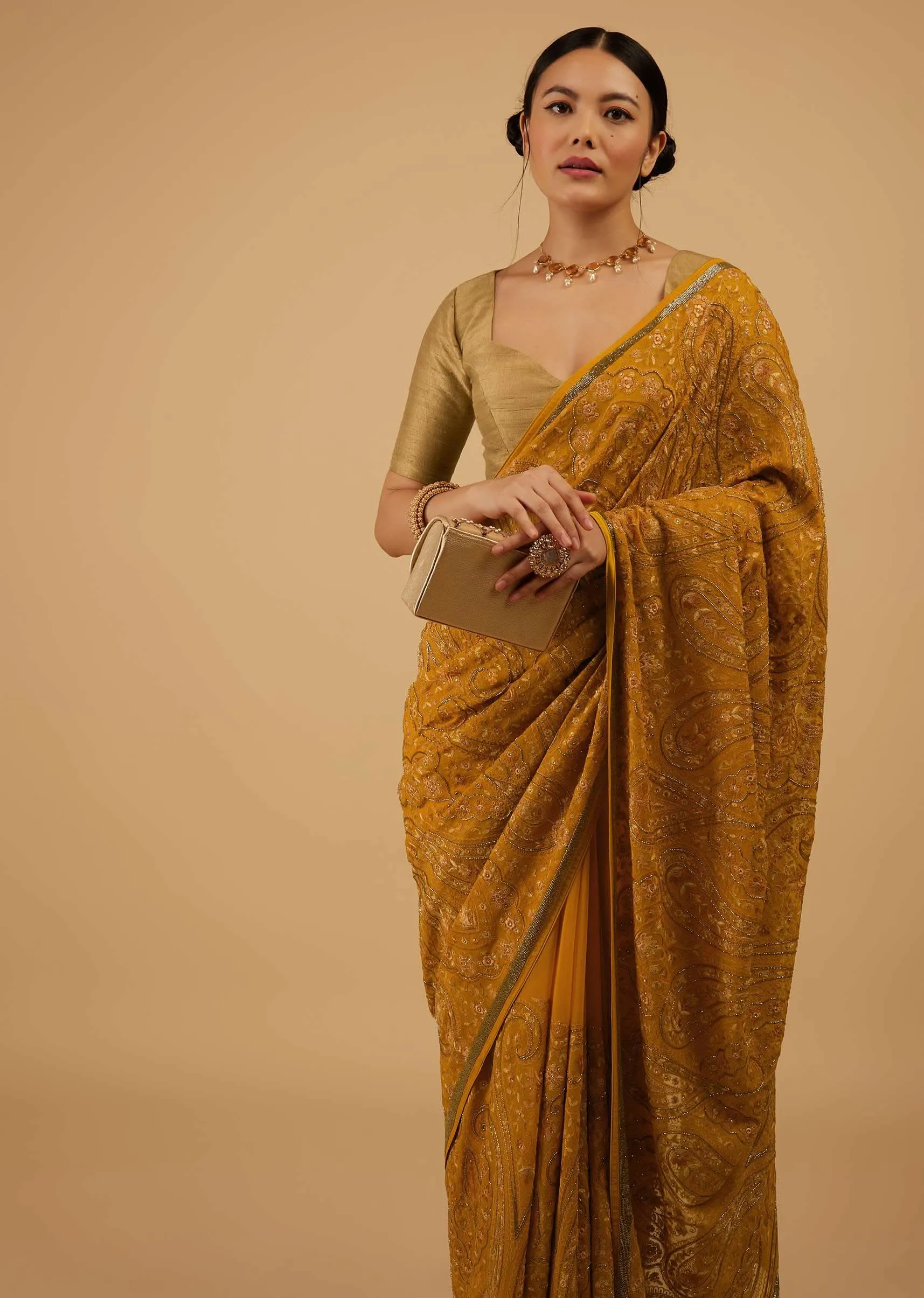 Festive Ocher Yellow Saree Kashmiri Embroidered In Georgette