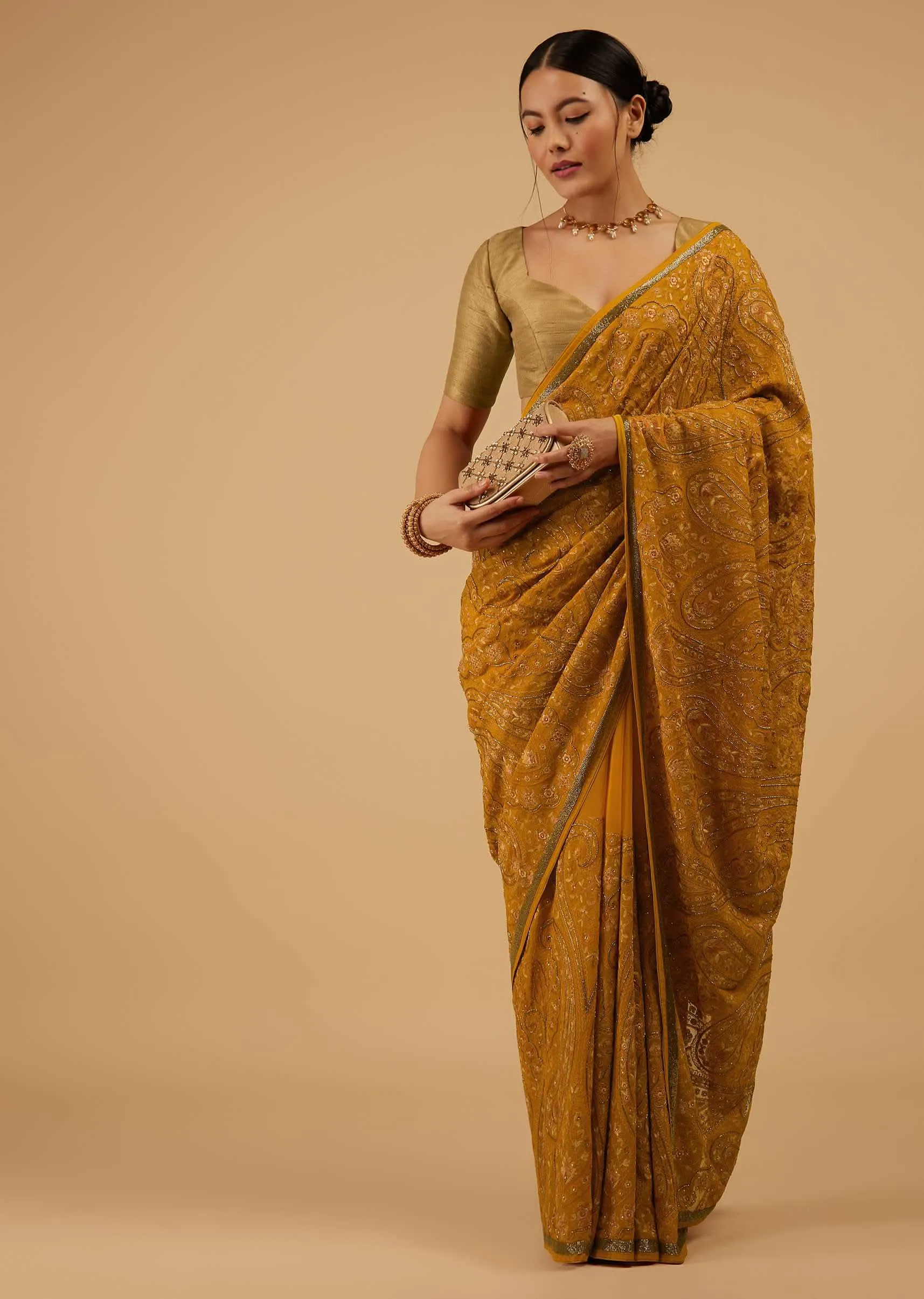 Festive Ocher Yellow Saree Kashmiri Embroidered In Georgette