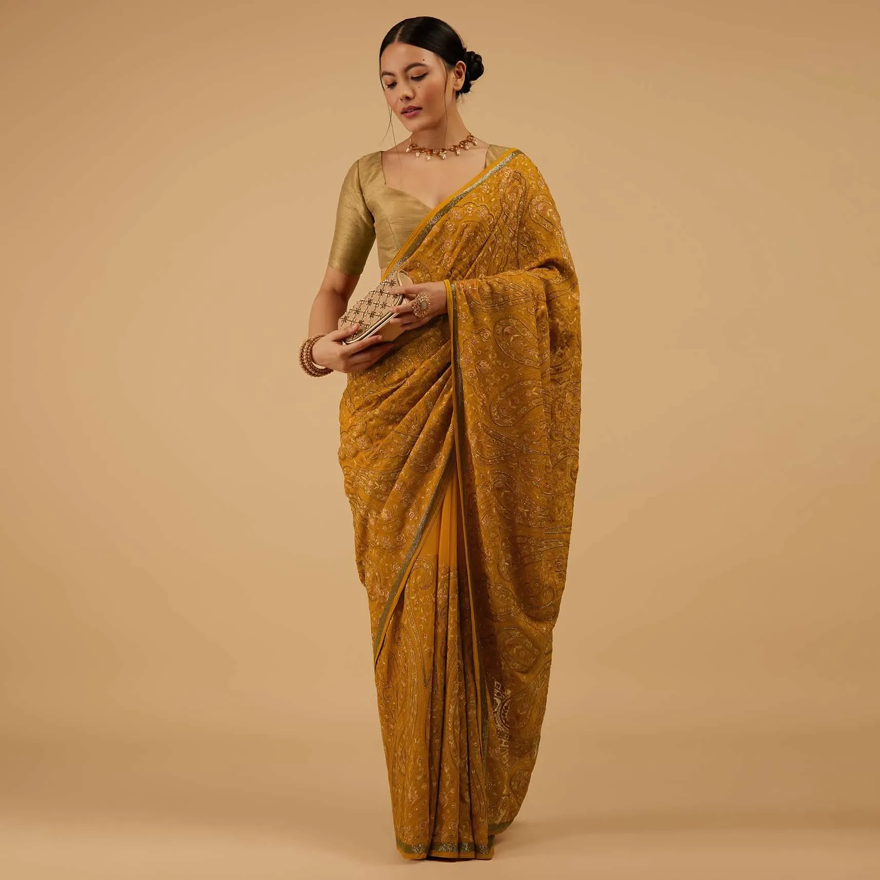 Festive Ocher Yellow Saree Kashmiri Embroidered In Georgette