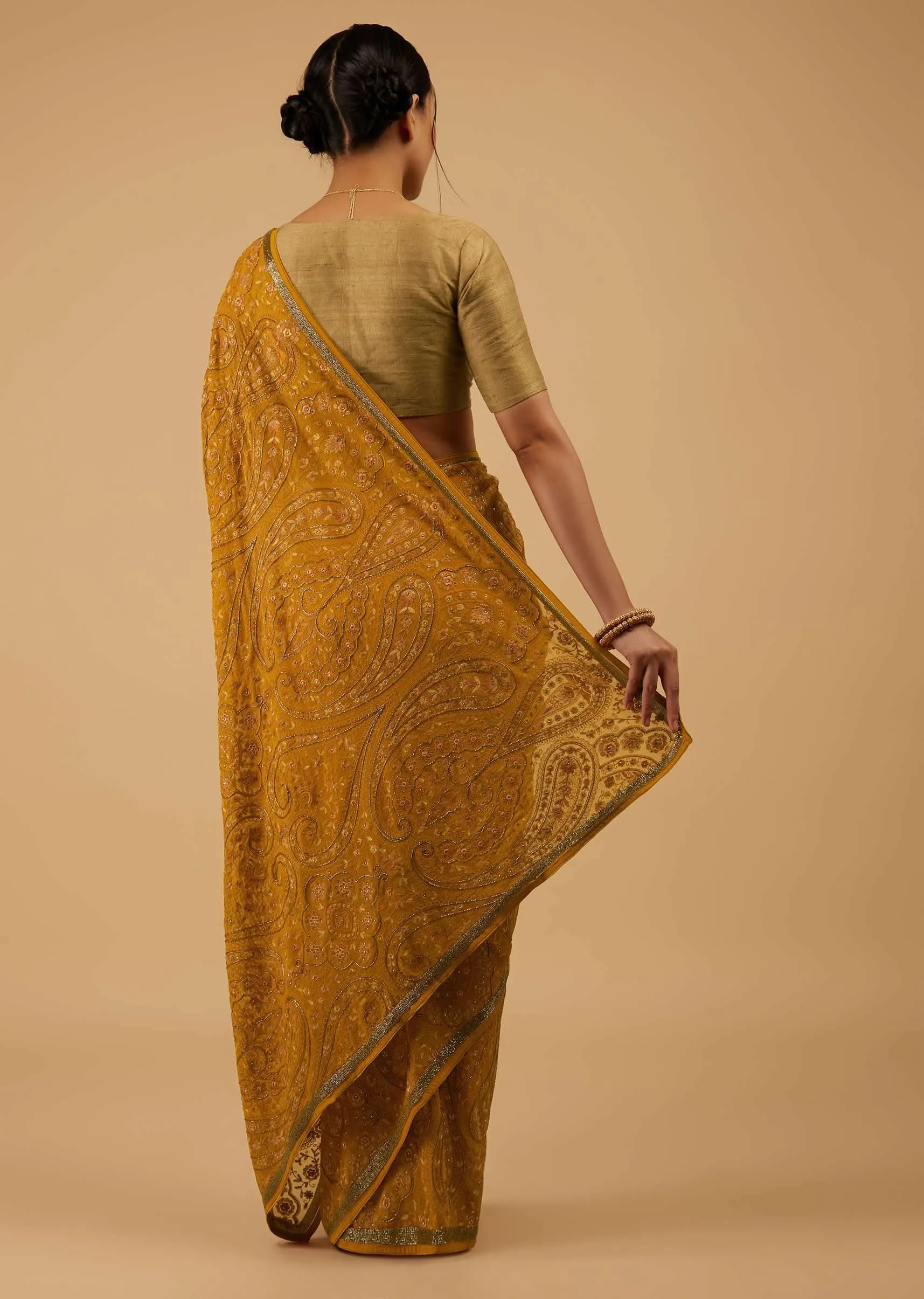 Festive Ocher Yellow Saree Kashmiri Embroidered In Georgette