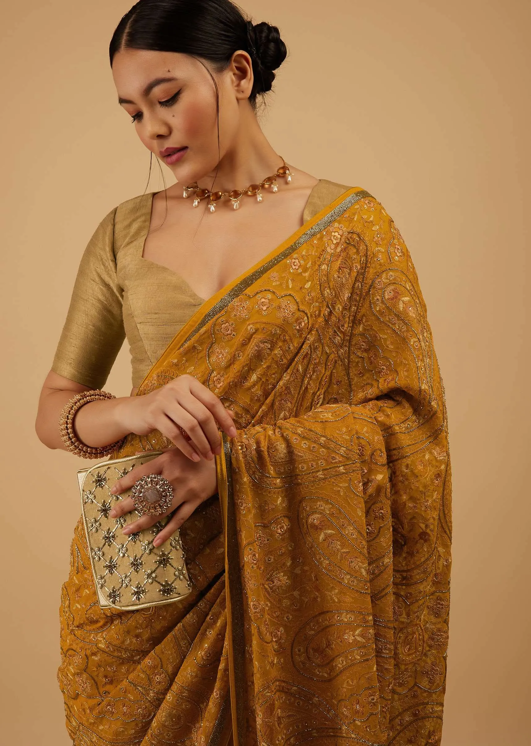 Festive Ocher Yellow Saree Kashmiri Embroidered In Georgette