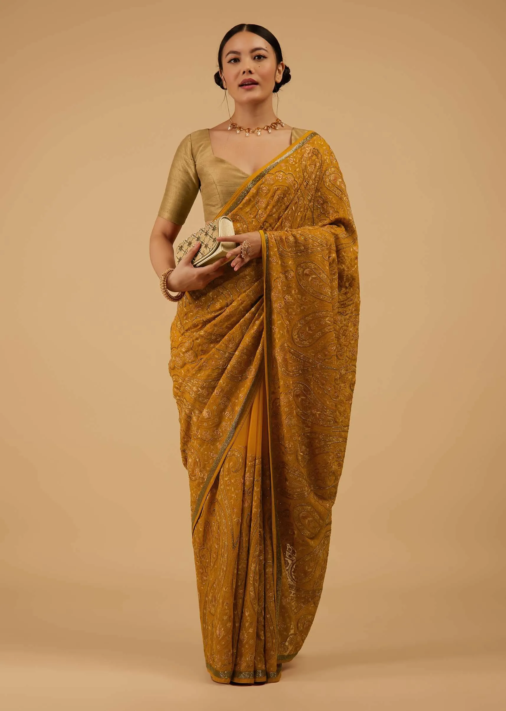 Festive Ocher Yellow Saree Kashmiri Embroidered In Georgette