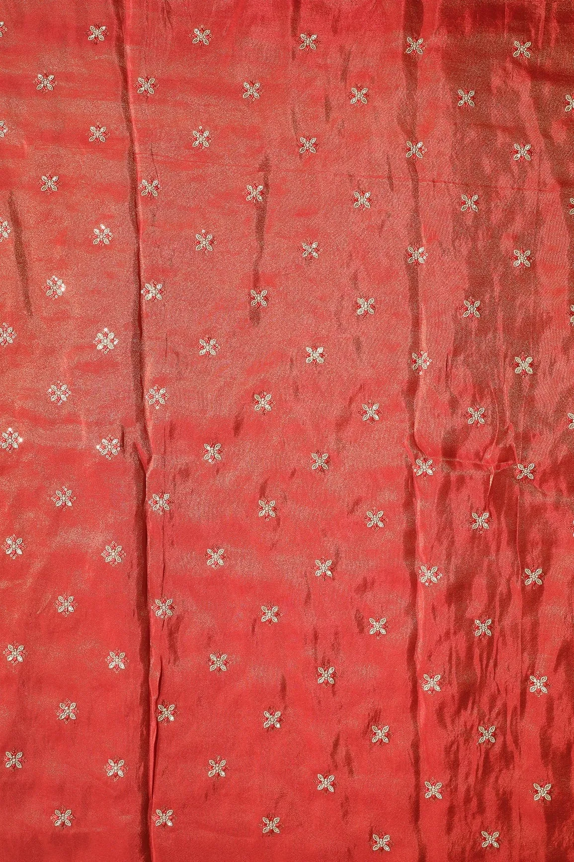 Gold Sequins And Zari Floral Booti Embroidery Work On Red Pure Viscose Zari Tissue Fabric