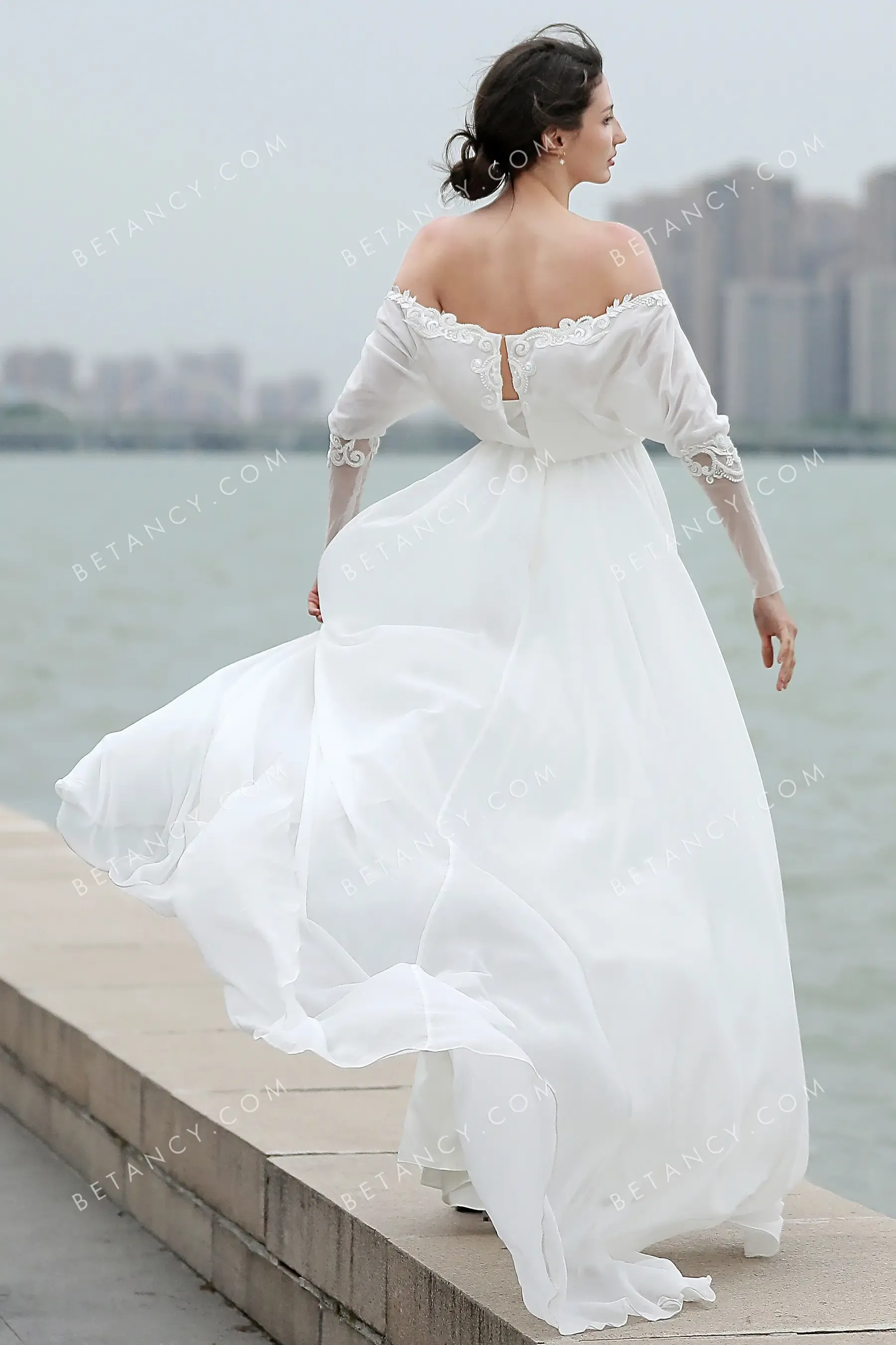 Lace Appliqued Off-shoulder Beach Chiffon Bridal Dress