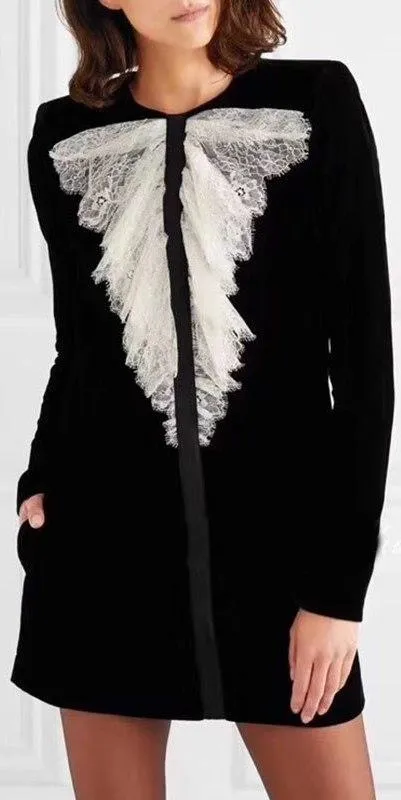 Lace Jabot Embellished Velvet Short Tunic Dress