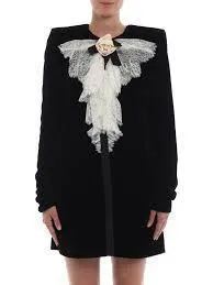 Lace Jabot Embellished Velvet Short Tunic Dress