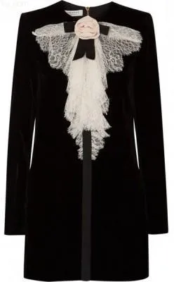 Lace Jabot Embellished Velvet Short Tunic Dress