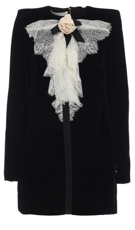 Lace Jabot Embellished Velvet Short Tunic Dress