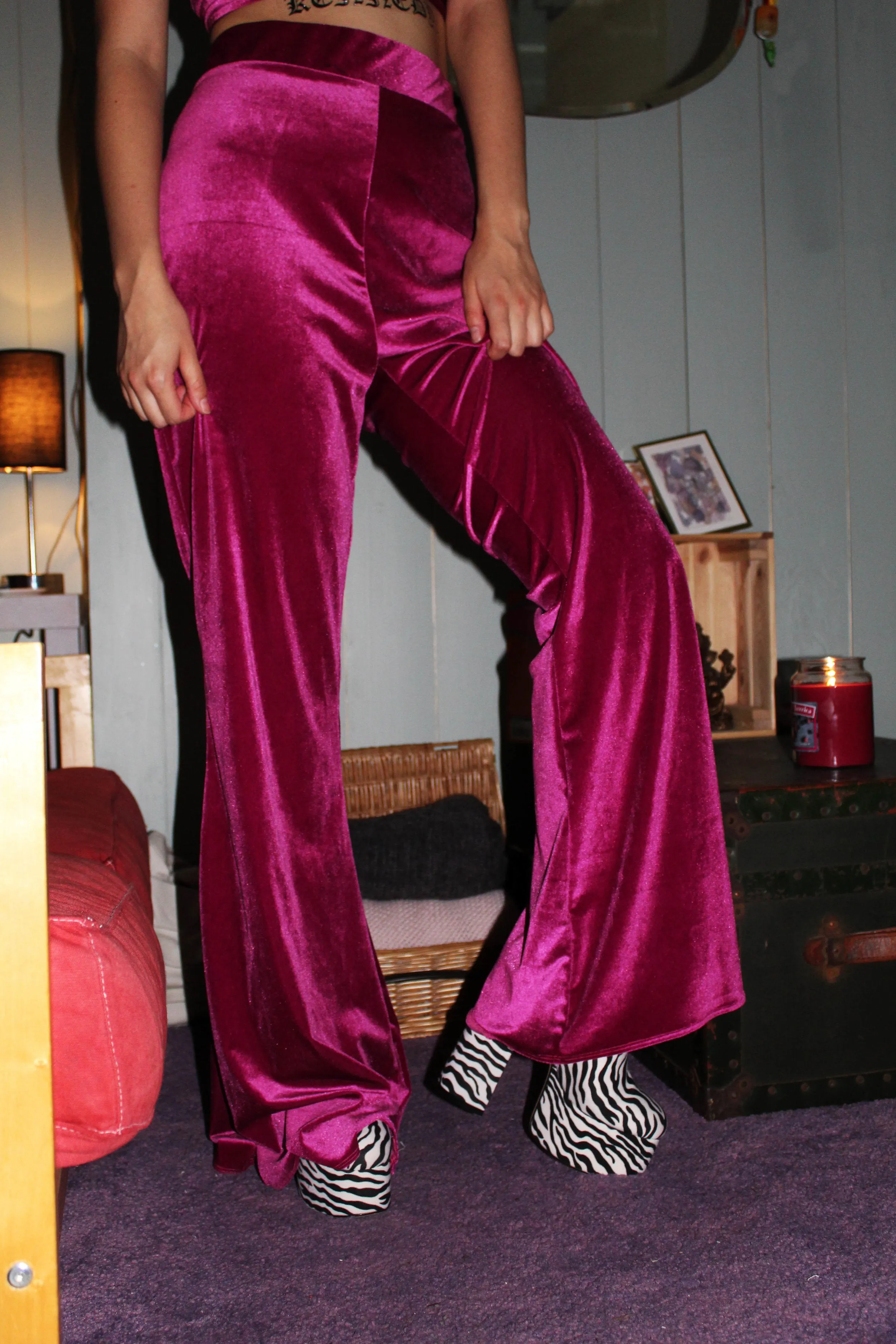 Pretty Pink Rose Velvet Flares