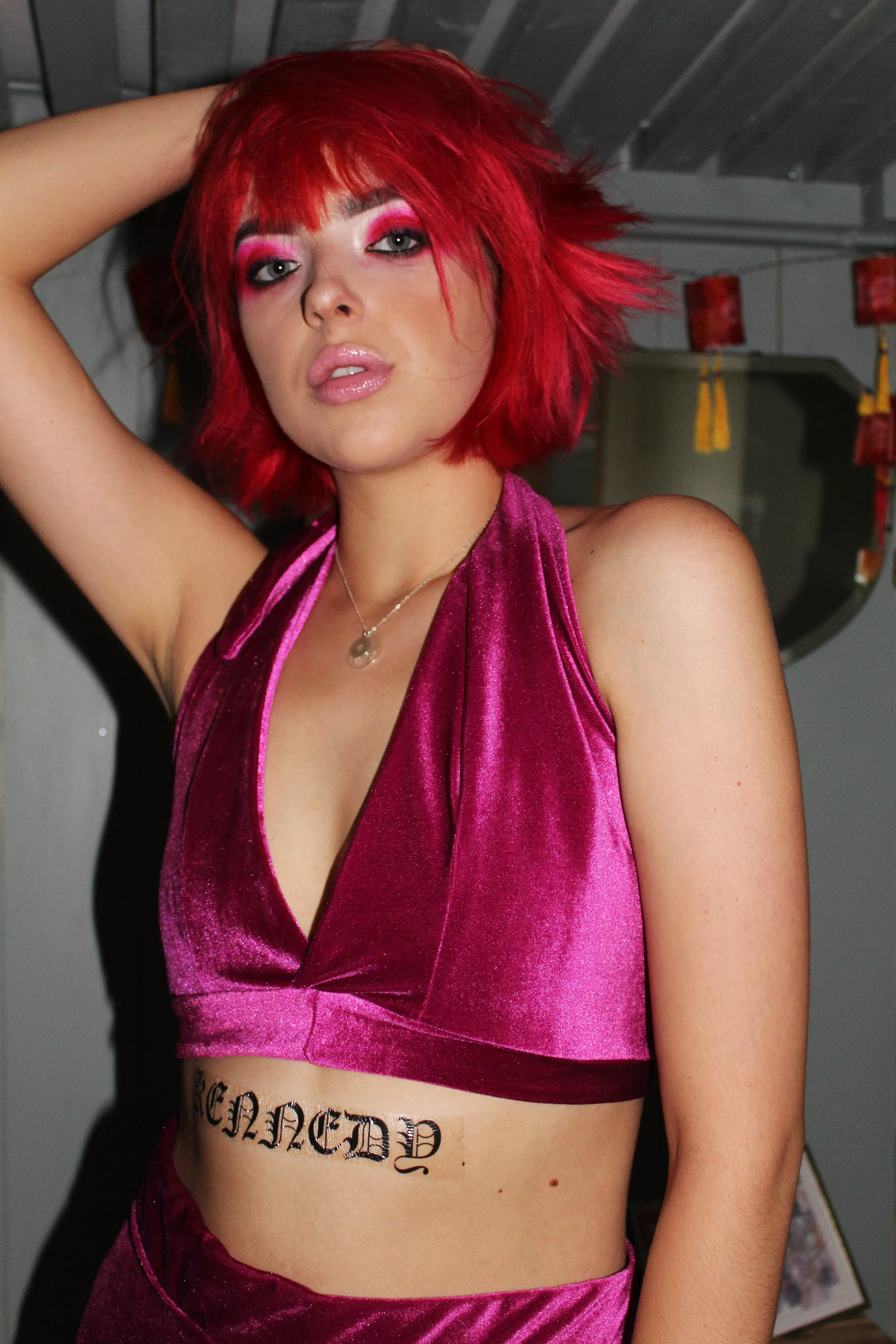 Pretty Pink Rose Velvet Halter Top