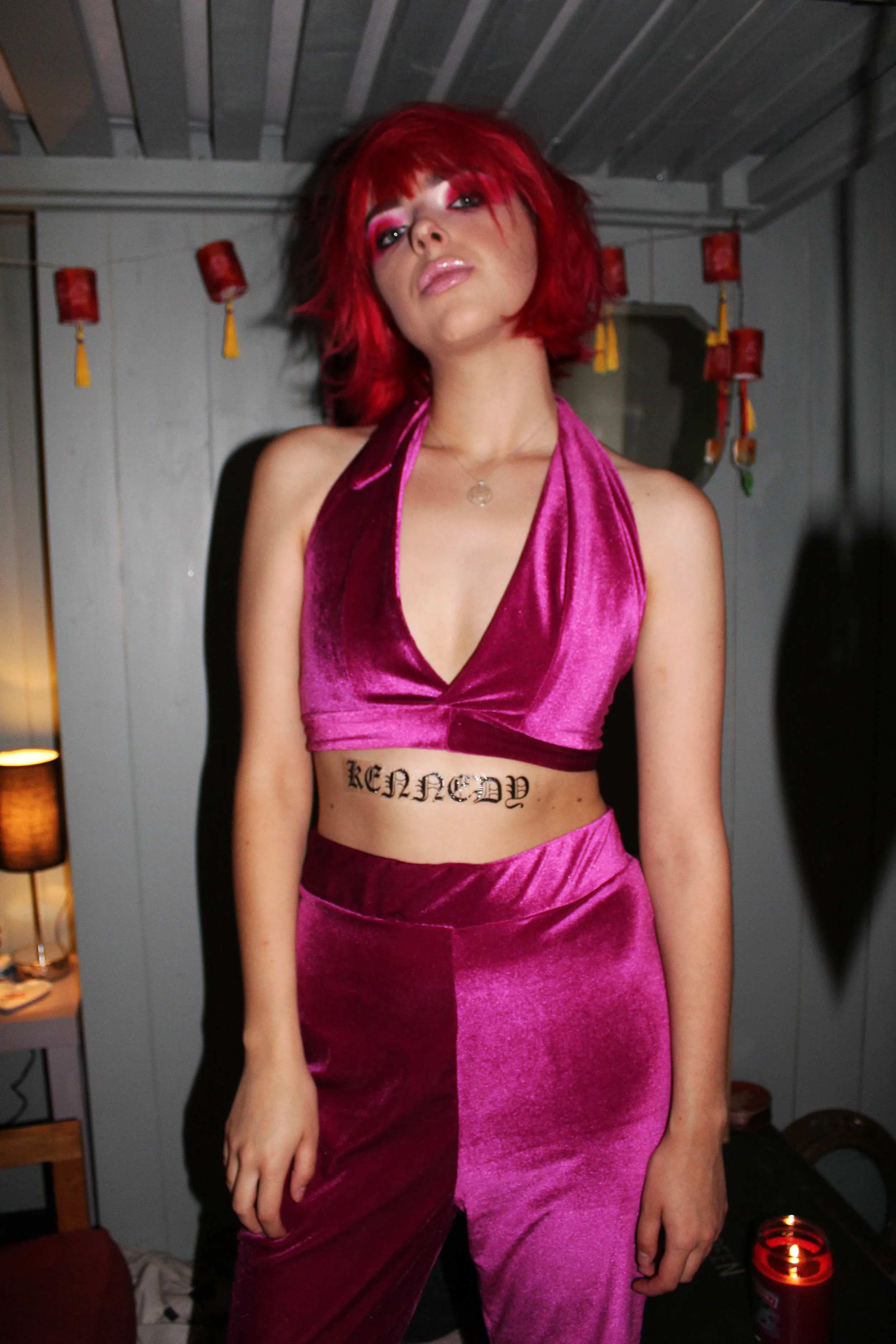 Pretty Pink Rose Velvet Halter Top